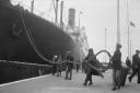 Cunard's 'Tuscania' liner ties up in the Port of London.
