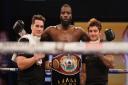 Lawrence Okolie celebrates after his win over Nikodem Jezewski in their WBO International Cruiserweight title bout