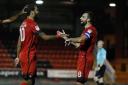 Orient captain Robbie Weir (right) congratulates Paul McCallum after he finds the net (pic: Simon O'Connor)