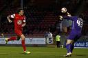 O's Darius Henderson sees his effort saved by Stephen Bywater
 (pic: Simon O'Connor)