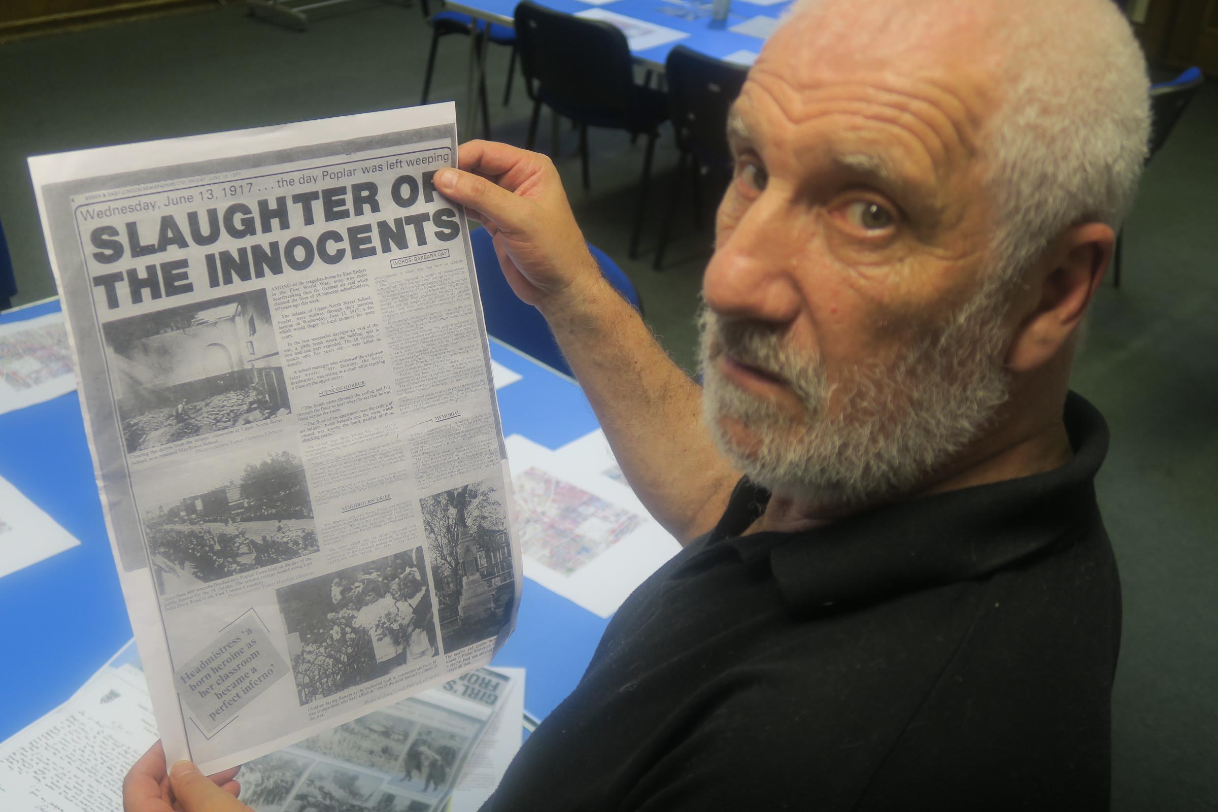 Stan at Mile End archive likbrary researching school bombing centenary 