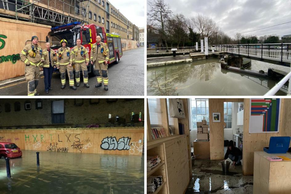 Pictures show floodwater rushing down Hackney Wick street