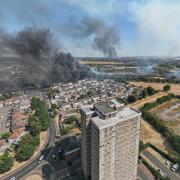 Three of the fires raging yesterday afternoon, as seen from the sky - the fire to the left was in Dagenham, the fire in Wennington can be seen in the far distance, and the fire to the right was in Dartford