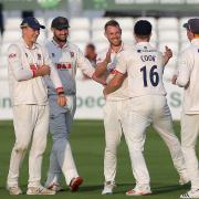 Jamie Porter of Essex celebrates with his team mates after taking the wicket of Emilio Gay during Essex CCC vs Northamptonshire CCC, LV Insurance County Championship Division 2 Cricket at The Cloudfm County Ground on 21st September 2021