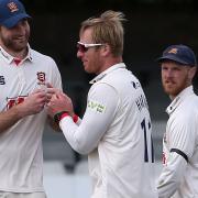 Simon Harmer of Essex celebrates with his team mates after taking the wicket of Charlie Morris during Essex CCC vs Worcestershire CCC, LV Insurance County Championship Group 1 Cricket at The Cloudfm County Ground on 11th April 2021