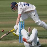 Essex's Dan Lawrence stetches to avoid a run out during the LV= Insurance County Championship match at the Essex County Ground, Chelmsford. Picture date: Thursday April, 8, 2021.