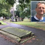 Ian Wilson (inset) has traced his ancestors to a tombstone in the middle of a path in St Margaret's churchyard in Barking after searching online grave records. Picture: Jon King