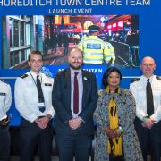 Mayor of Hackney Philip Glanville (centre) with councillor and cabinet member for community safety Susan Fajana-Thomas Cabinet Member for Community Safety and members of the new Shoreditch Town Centre Police Team (TCT)