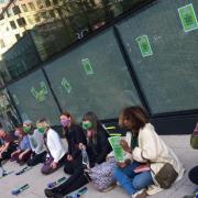 Women demonstrating outside HSBC bank HQ in Canary Wharf