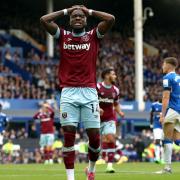 West Ham United's Maxwel Cornet reacts to a missed chance at Everton