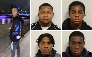 Four men - Abdul Yaro (top-middle), Giovanni Addae-Johnson (top-right),  Kavian Vaughans (bottom-middle) and Dainnan Witter-Cameron (bottom-right) - have been convicted of killing Shea Gordon (far left)