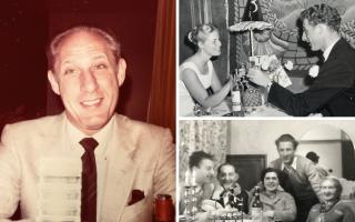 (Left) Vivian Baron Cohen, (top right) with his wife Judy on their honeymoon voyage to Montreal on the ship the Queen Elizabeth I, (bottom right) with his parents and grandparents and brother Gerry in Cardiff