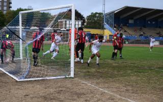 Soul Tower Hamlets score a late goal in their win over Saffron Walden Town at Mile End Stadium (Image: Tim Edwards)